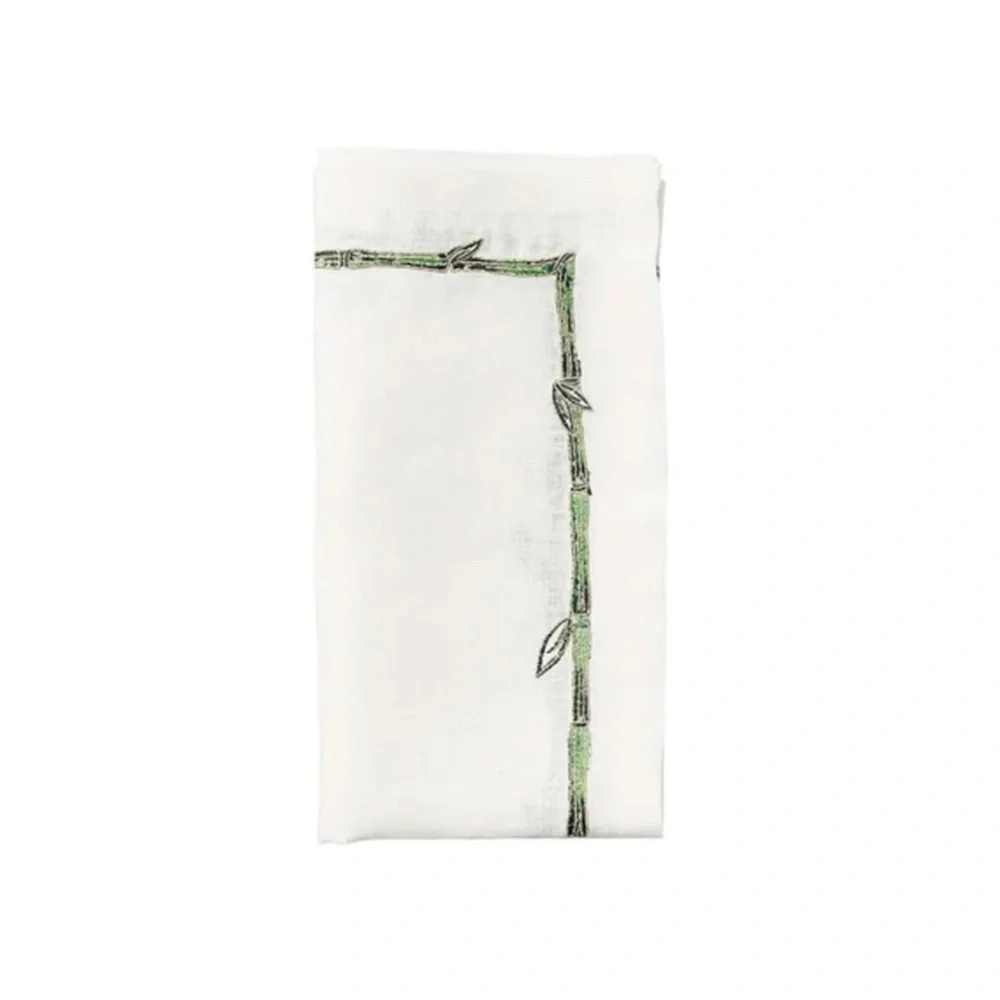 NWT KIM SEYBERT BAMBOO NAPKINS SET OF 2 WHITE LINEN Green with gold thread